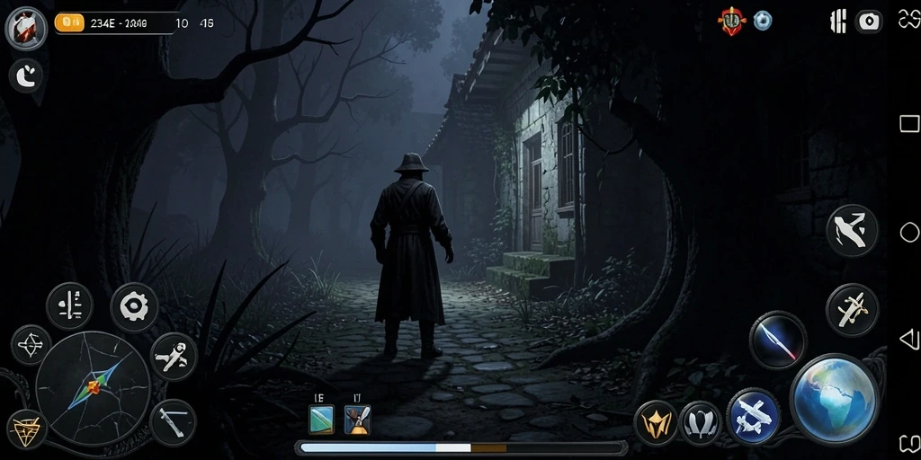 Tampilan menakutkan dari gameplay 234E saat menjelajahi rumah angker.