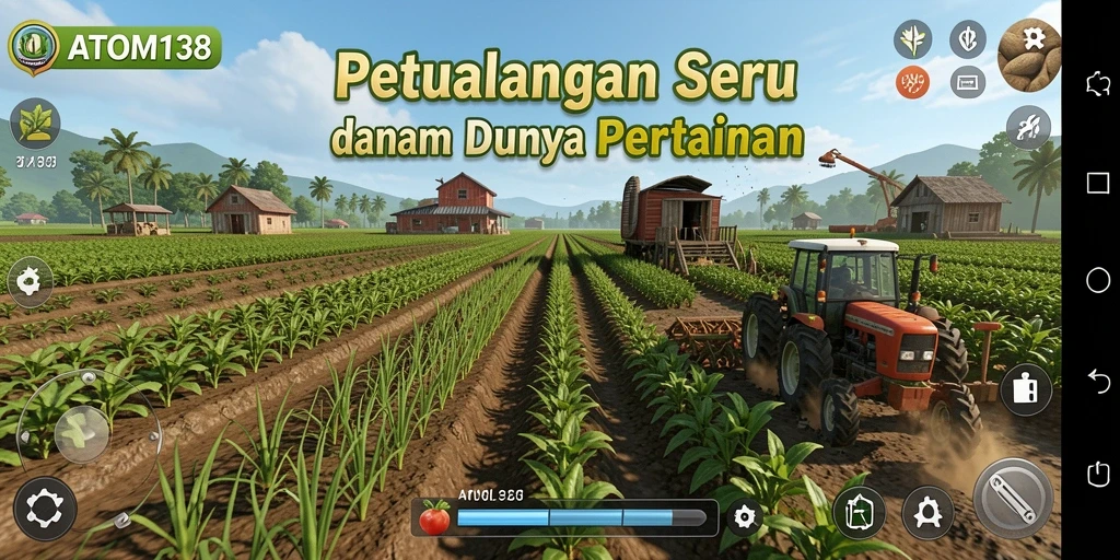 Gameplay Farming ATOM138 dengan beragam tanaman dan hewan ternak.