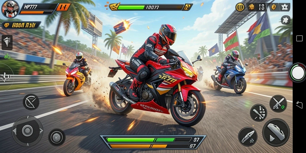 Screenshot menunjukkan balapan motor yang mendebarkan dan adrenalin tinggi.