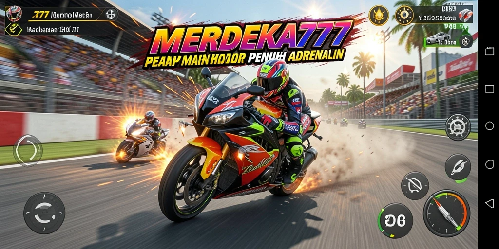 Tampilan aksi seru gameplay MERDEKA777 saat balapan motor.