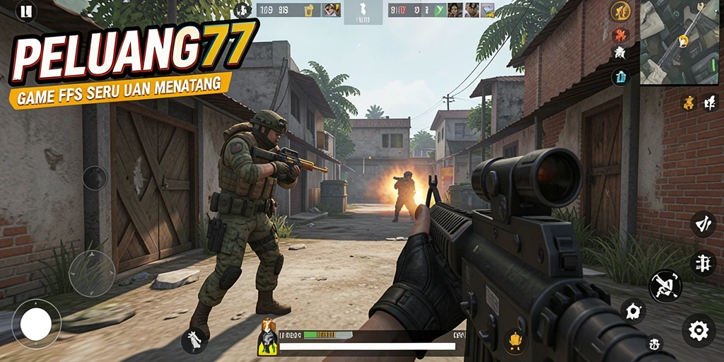 Screenshot menunjukkan aksi intens dalam gameplay FPS PELUANG77.