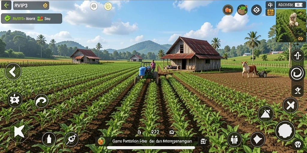 Tampilan gameplay seru di RVIP3 dengan aktivitas pertanian yang penuh warna.