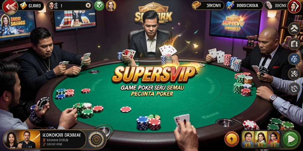 Tampilan screenshot SUPERSVIP dengan aksi seru di meja Poker.